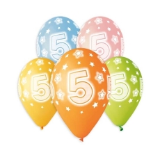 BALON Z NADRUKIEM CYFRY "5" / 5 szt PASTEL -6084