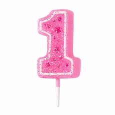 Świeczka Brokat "1" z gwiazdkami Różowa-9601
